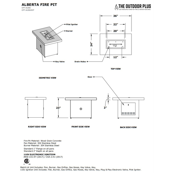Alberta Rectangular Black and White Collection Fire Pit Specifications
