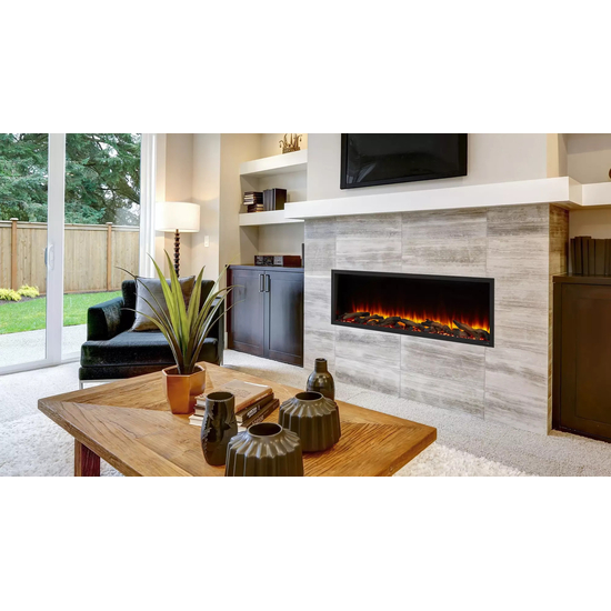 43" Scion Electric Fireplace  in a wonderful room with coach and a wood table