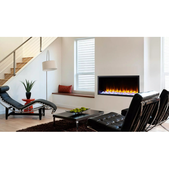 43" Scion Electric Fireplace in a room with sofas and plant beside the recliner chair and a lamp