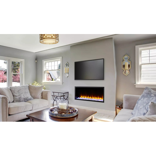 43" Scion Electric Fireplace in a white living room with 2 elegant white sofas