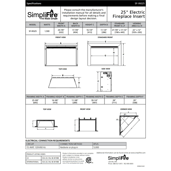 SimpliFire 25 Inch Electric Fireplace Insert Specifications Sheet