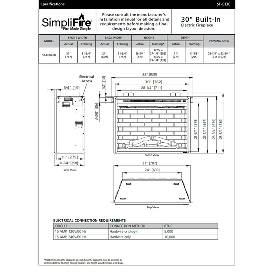 SimpliFire 30 Inch Built-In Electric Fireplaces Specification Sheet