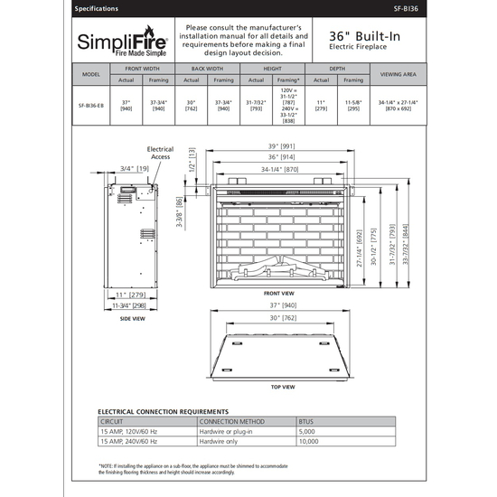 SimpliFire 36 Inch Built-In Electric Fireplaces Specifications Sheet
