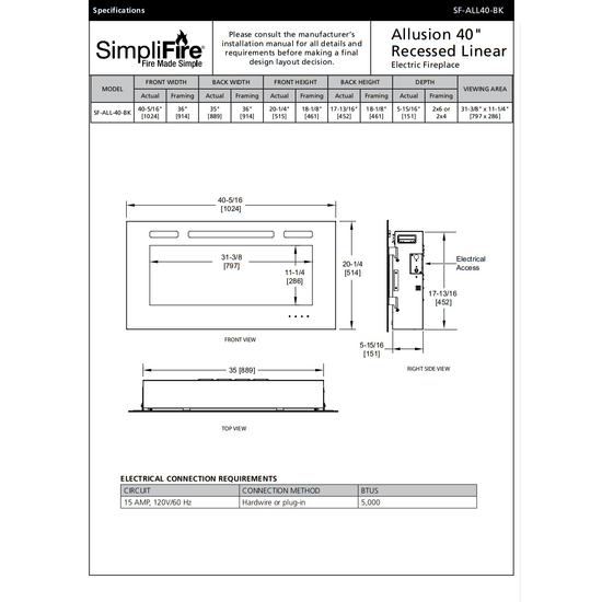 SimpliFire 40 Inch Allusion Linear Electric Fireplace Specification Sheet