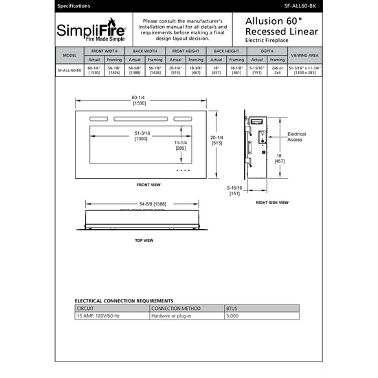 SimpliFire 60 Inch Allusion Linear Electric Fireplace Specifications Sheets