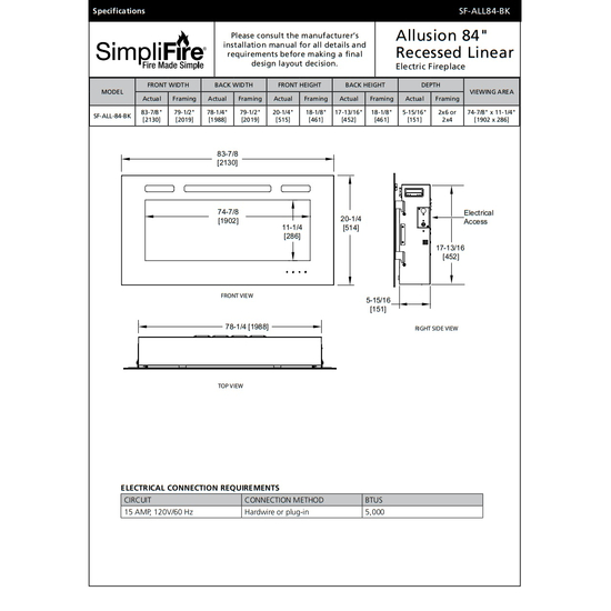 SimpliFire 84 Inch Allusion Linear Electric Fireplace Specification Sheet