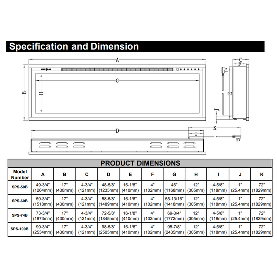 Modern Flames Spectrum Slimline Dimension/Spec Sheet