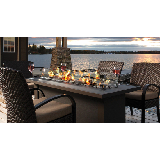Barbara Jean Collection 24" Linear Outdoor Fire Table OLT24 with Tables and Lake View