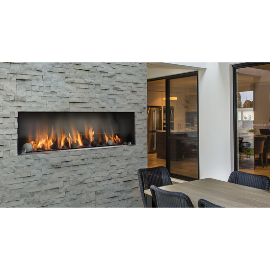 Barbara Jean Collection 36" Single-Sided Linear Outdoor Fireplace OFP4336S1 in Lanai with Table and Chairs