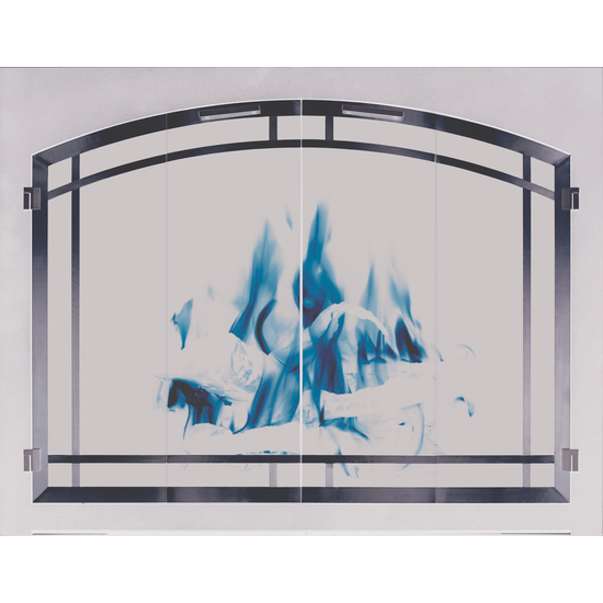 Cascadian Arched Conversion Fireplace Door with Matte Black Frame and Arch Door & Window Pane in Plated Satin Brass