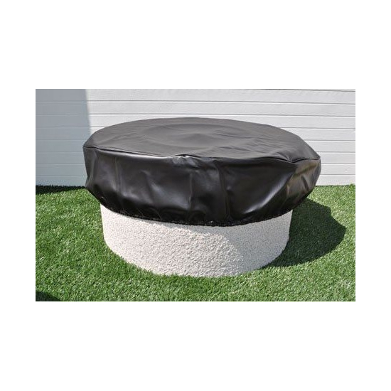 Round vinyl fire pit cover with an elastic band at the bottom for a snug fit