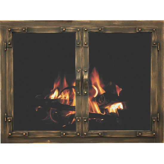Old World masonry fireplace door shown in Burnished Copper premium finish.