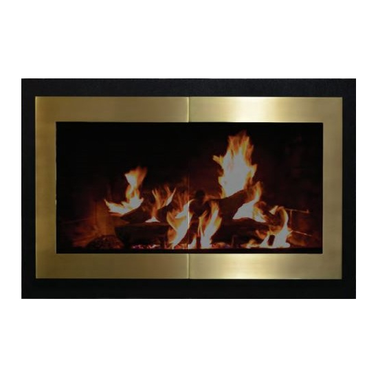 Portland Willamette Broadway Reveal Fireplace Door for prefab fireplaces in Satin Black and Polished Brass