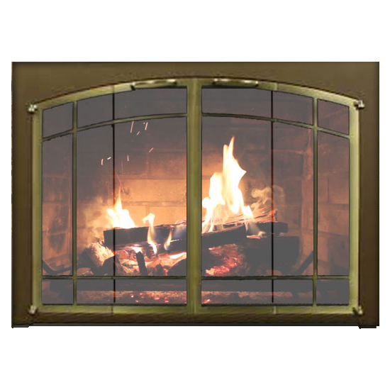 Portland Willamette Ovation Arch Conversion Masonry Fireplace Door shown with Textured Mocha main frame and Satin Brass door frame with window pane design