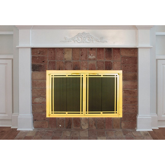 Installed Ovation Fireplace Door shown in Satin Brass with deco design