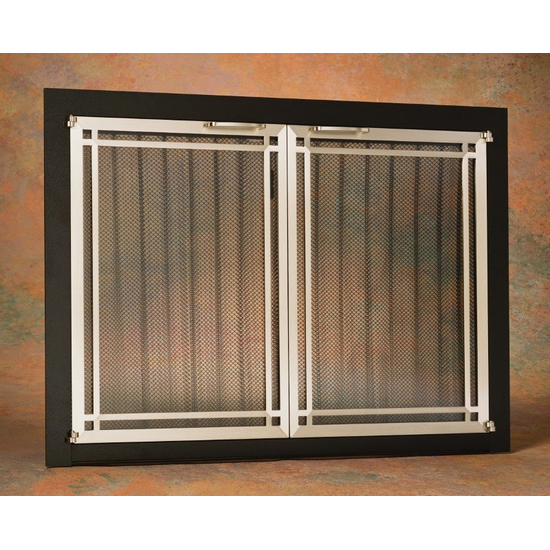 Ovation door for masonry fireplaces: Satin Black main frame with Polished Nickel door frame with deco design
