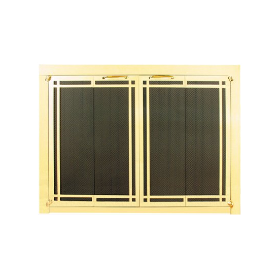 Ovation Fireplace Door shown in Satin Brass with deco design