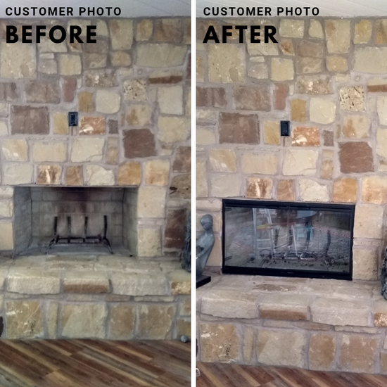 Customer submitted before and after photos - Thin Line masonry fireplace door featuring an inside fit frame in Textured Black