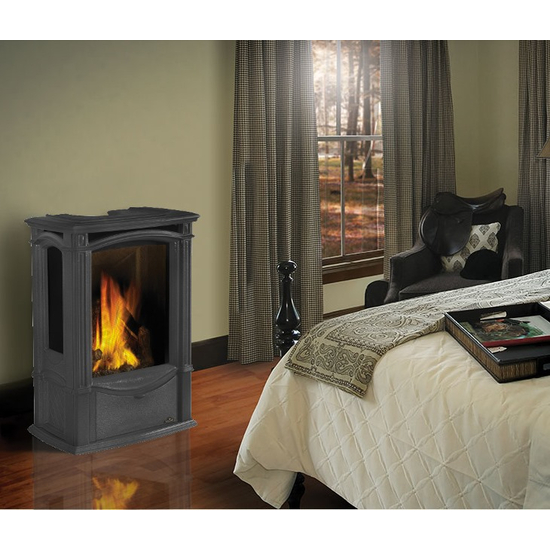 Suggested room setting with the Castlemore direct vent gas stove shown in Metallic Black finish