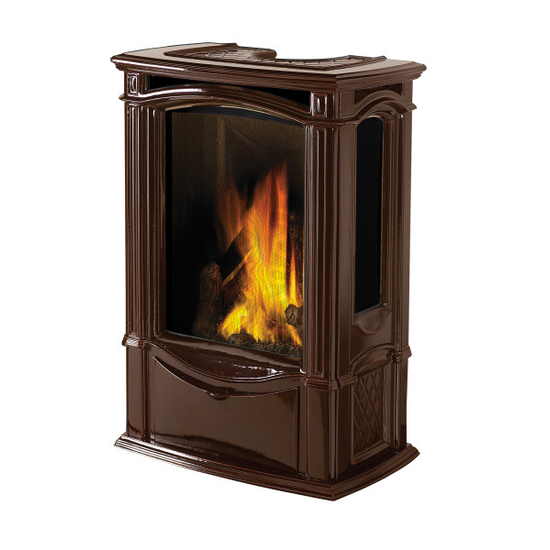 Castlemore direct vent gas stove shown in Majolica Brown porcelain enamel finish