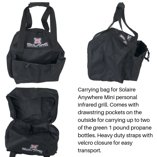 The Anywhere mini has a carrying bag for easy transport of your grill and up to two 1 pound propane bottles!