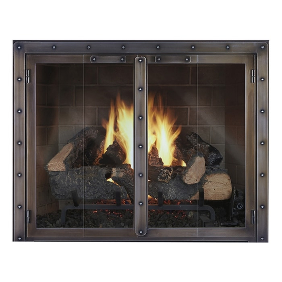 Black Rock Fireplace Door in Classic Bronze with burning log set