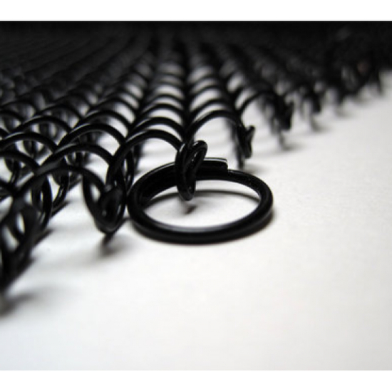 Close up of 1/2" hanger rings for fireplace mesh curtain. Sample shows black - screen will have stainless
