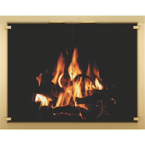 Appalachian All Glass Masonry Fireplace Door in satin brass overlay finish