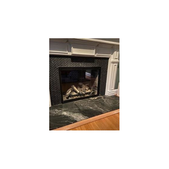 Stiletto Masonry Wood Burning Fireplace-Trackless BiFold Doors-Clear Tempered Glass Side Angle