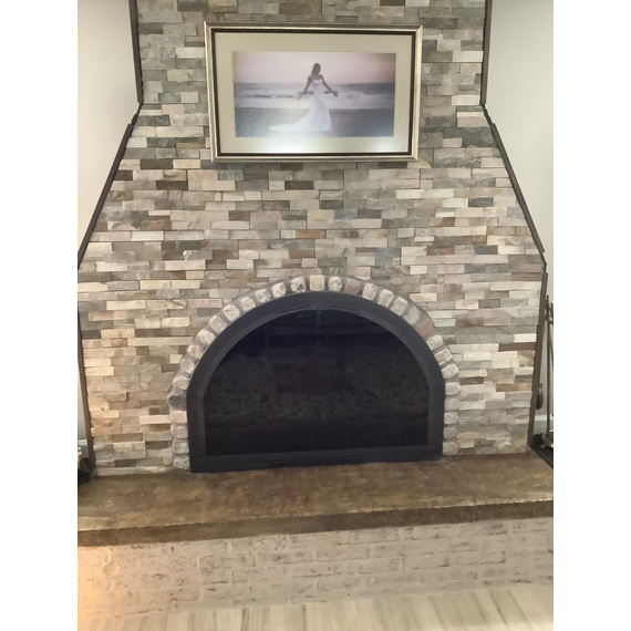Customer Photo of Overlapped Full Arch Masonry Doors in Charcoal Powder Coat with Grey Tempered Glass and Cabinet Gate Mesh