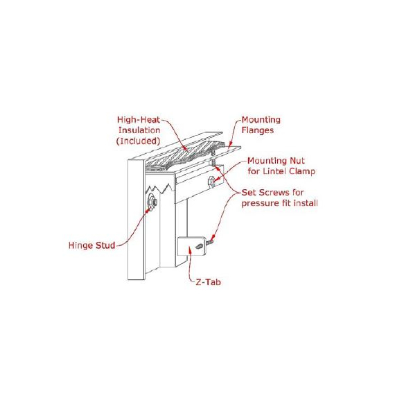 Masonry fireplace mesh door with window pane design - mounting diagram