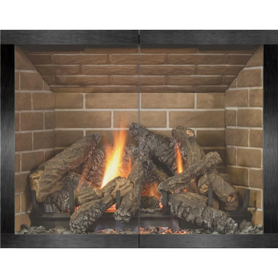 Saratoga Hidden Frame Fireplace Door shown in Pewter overlay finish