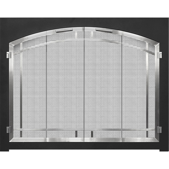 Cascadian Arch Conversion Fireplace Door with Matte Black Frame and Arched Door & Window Pane in Plated Brushed Nickel