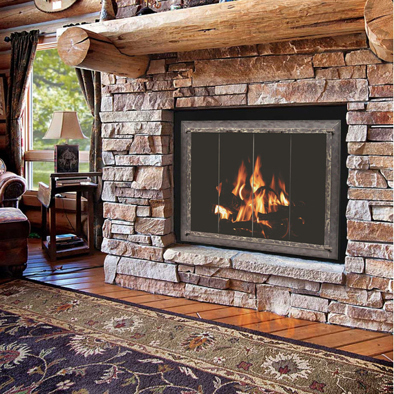 Laramie Fireplace Door in Charcoal Finish with Square Handles on Clearview Cabinet Doors with Clear Tempered Glass