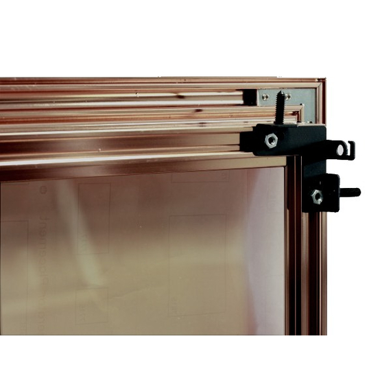 Huntress fireplace door mounting bracket - door shown in anodized Vintage Copper
