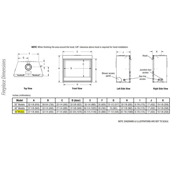 DRT3545 Fireplace Dimensions