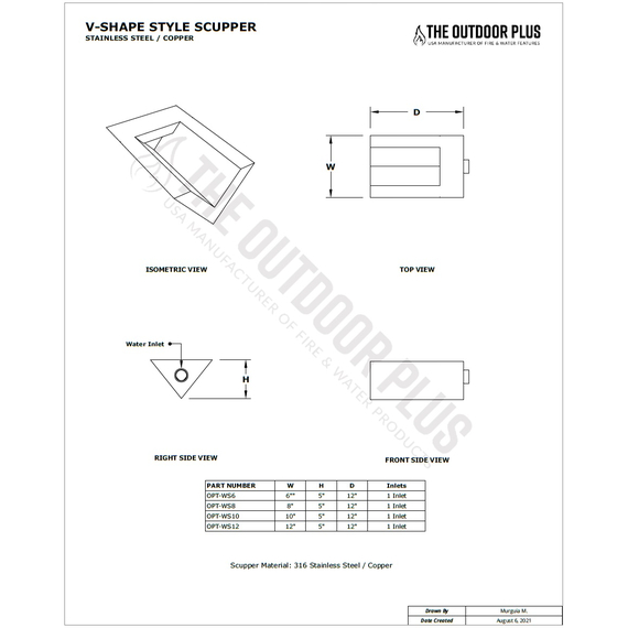 The Outdoor Plus V-Shaped Scupper Specifications