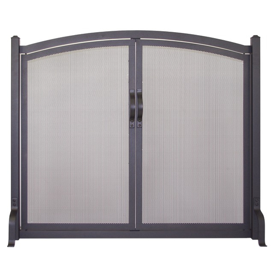 Appalachian Arch Working Door Fireplace Screen shown in charcoal powder coat finish