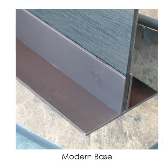 Modern base for Vanguard glass single panel fireplace screen is finished in brushed nickel plating