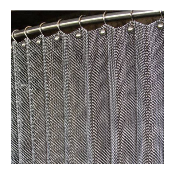 Brite Aluminum Serenity mesh shower curtain shown with optional ball hooks and curved shower rod