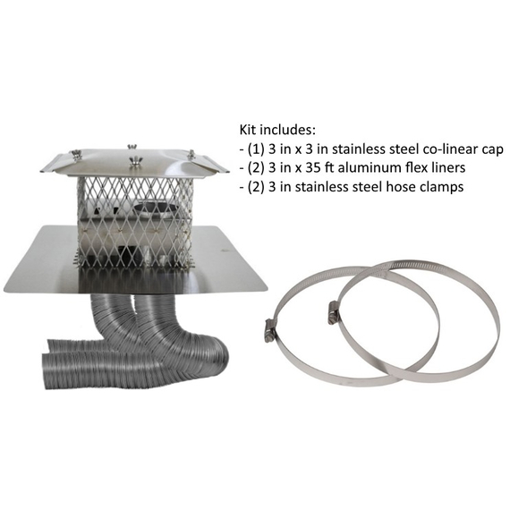 Co-linear direct vent system includes 3x3 inch stainless steel co-linear cap, two 3 in x 35 ft flex aluminum flex liners, two 3 in stainless steel hose clamps