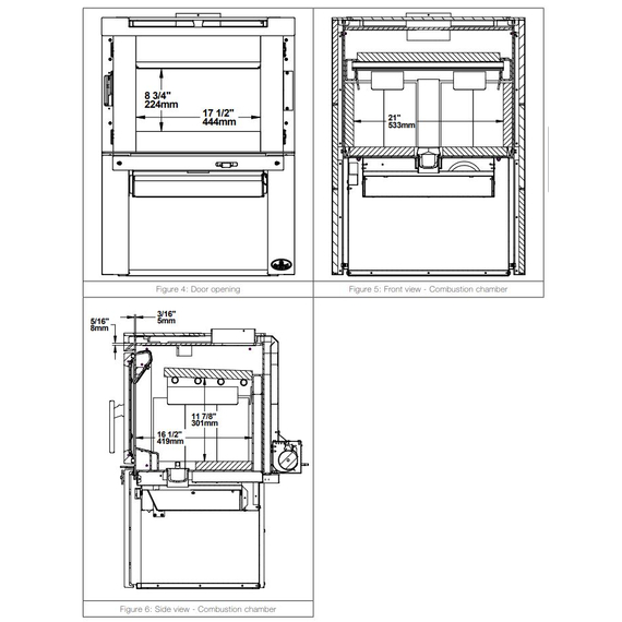 Osburn Matrix Wood Stove Combustion Chamber and Door Dimensions