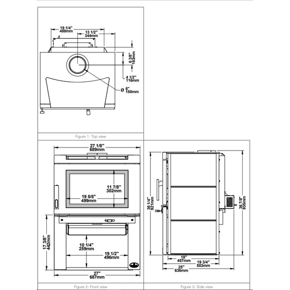 Osburn Matrix Wood Stove Door, Top, and Side Dimensions