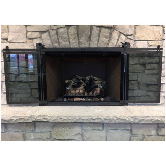 Hudson Cable Roller Sliding Masonry Fireplace Door in Rustic Black