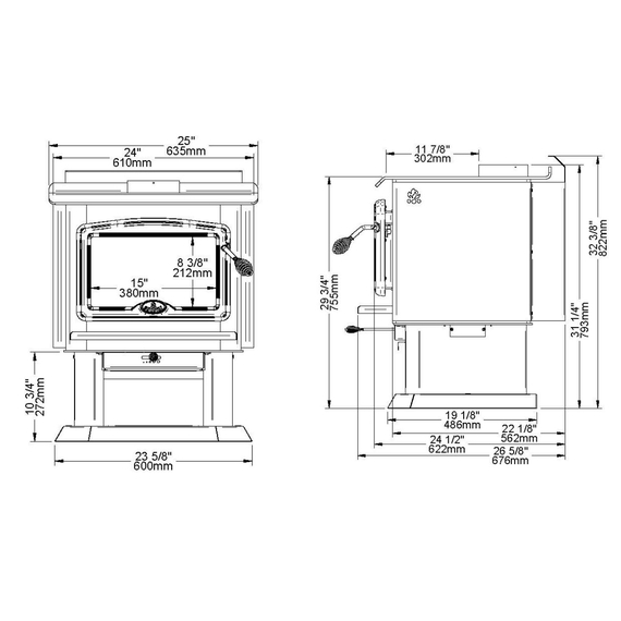 Osburn 2000 Wood Stove Front and Side Dimensions