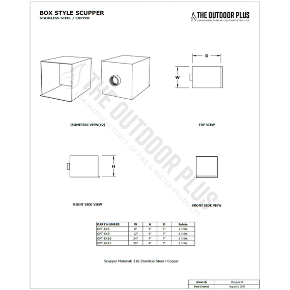 The Outdoor Plus Box Scupper Specifications