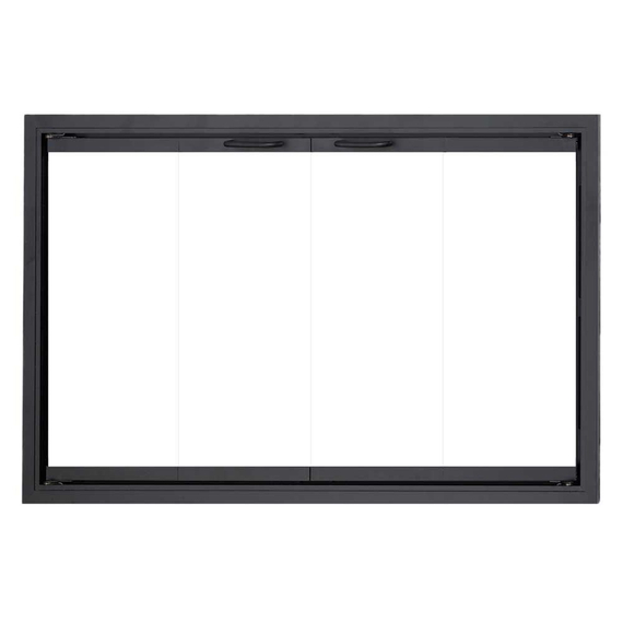 Stiletto Zero Clearance Fireplace Door in Rustic Black with Simplicity handles