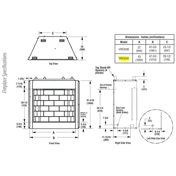 Superior VRE3242 Overall Fireplace Dimensions