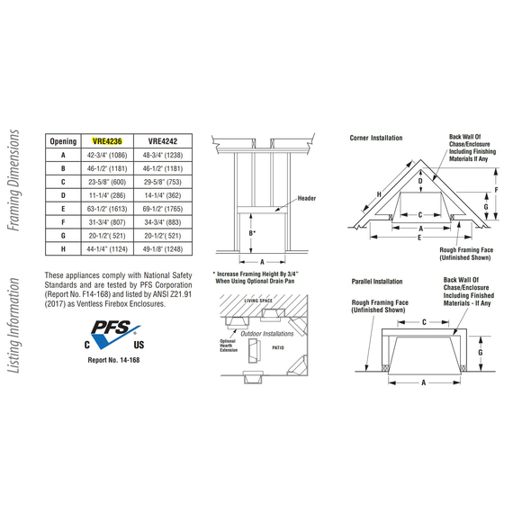 Superior VRE4236 Framing Dimensions and Listing Information