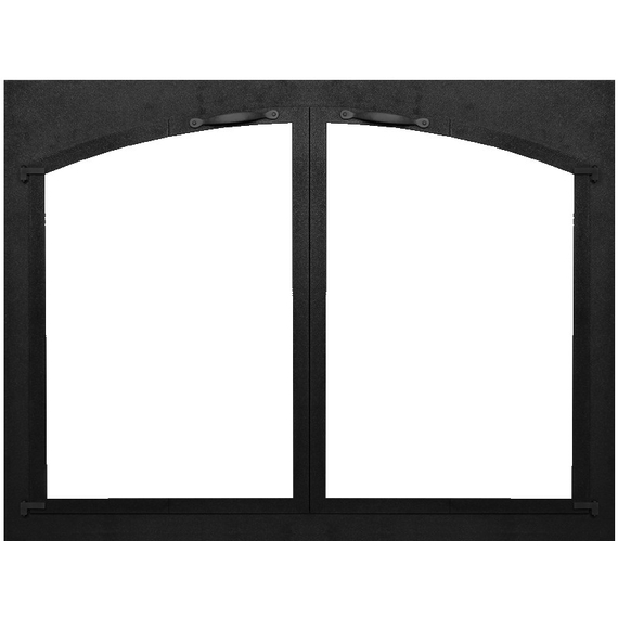 Cascade Arch Conversion Masonry Fireplace Door in Textured Black powder coat with cabinet style doors.